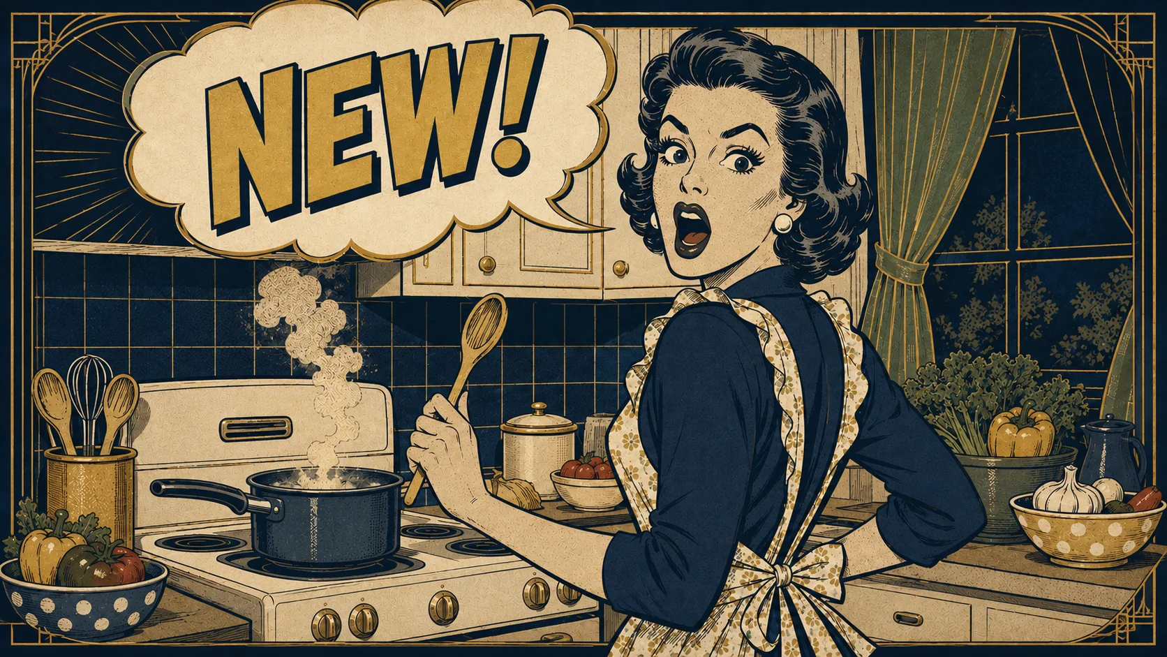 Art Deco kitchen scene preserving the original “NEW!” comic motif