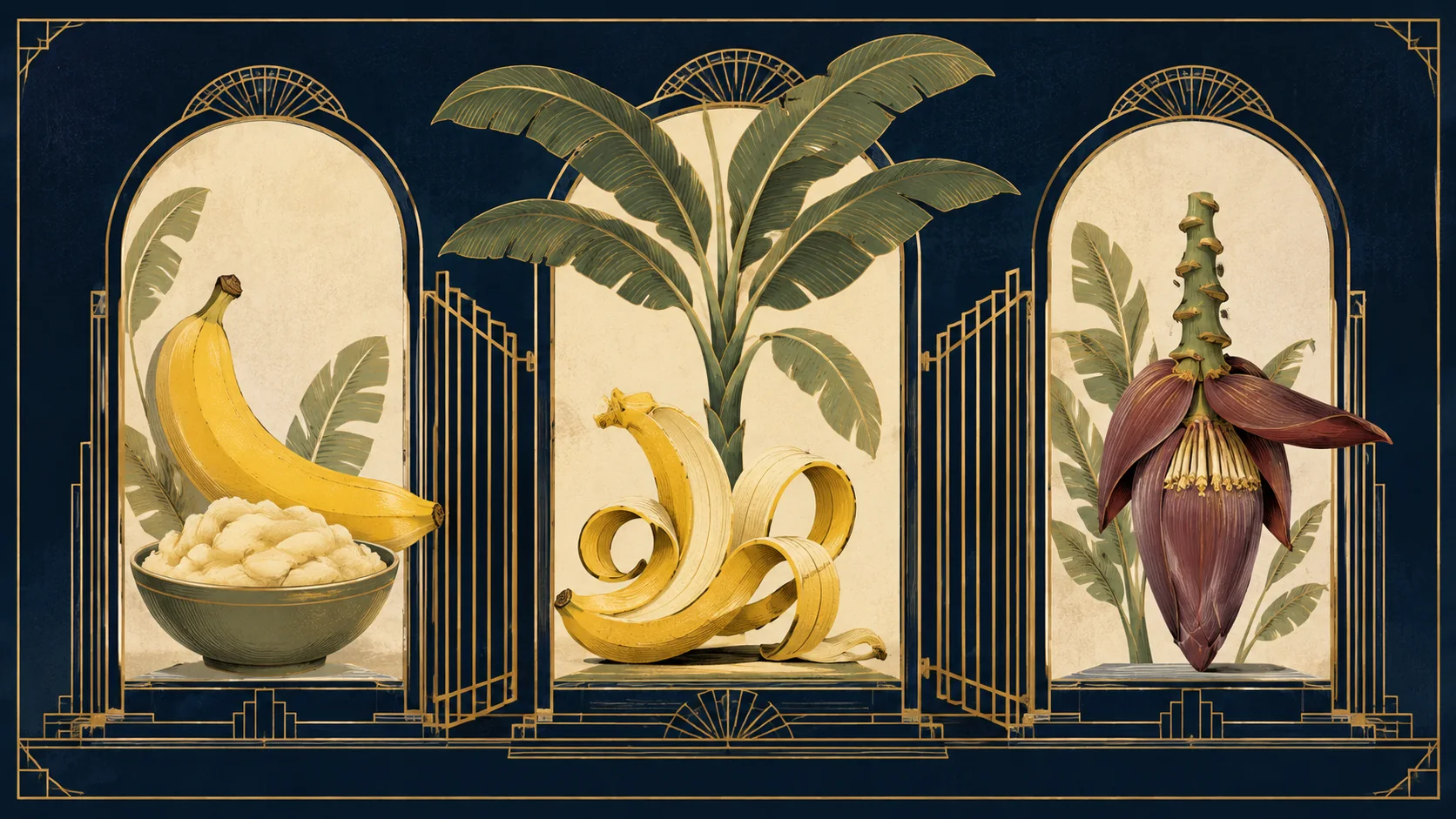 Art Deco illustration of banana pulp, banana peel and banana blossom in three regulatory gateways