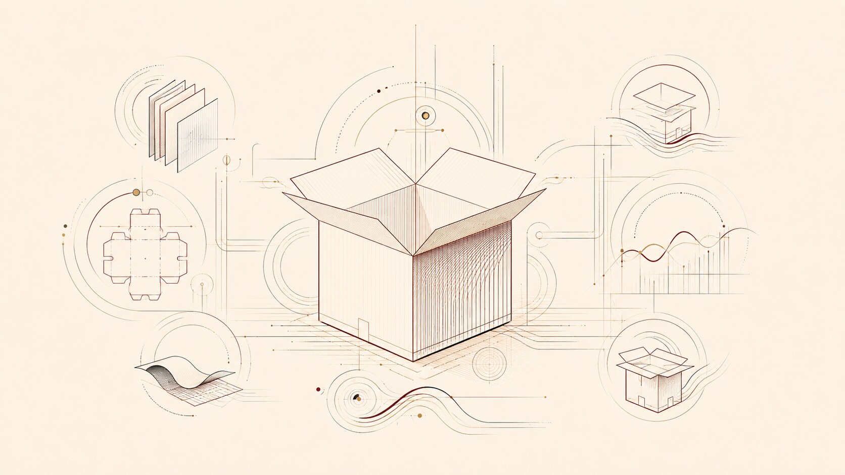 Art Deco line illustration of a paper packaging box and its documentation lifecycle